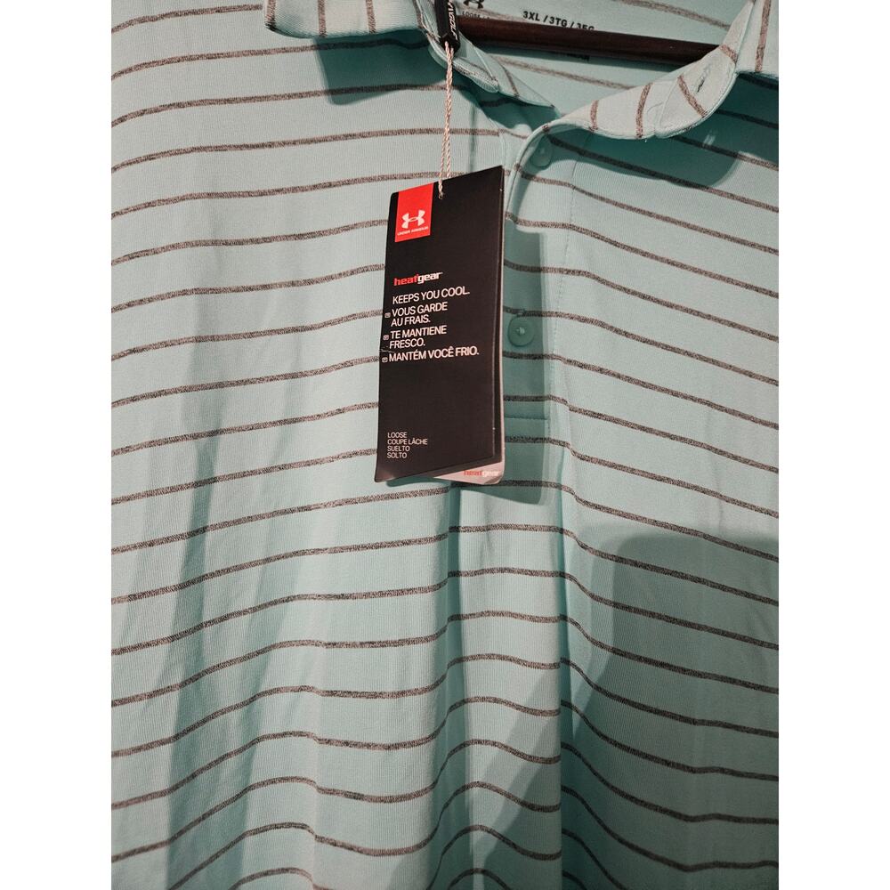Under Armour Heat Gear Mens Polo Mint Green and Gray Stripe Size 3XL - Picture 2 of 6
